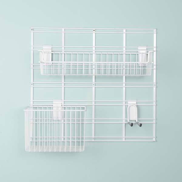 Kit de rangements muraux blancs sur grille Walltech