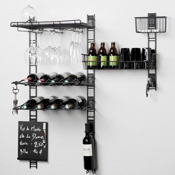 Kit de rangements muraux noirs pour bouteilles et verres "Walltech"