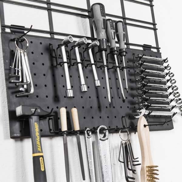 Panneau de rangement mural noir pour crochets "Walltech"