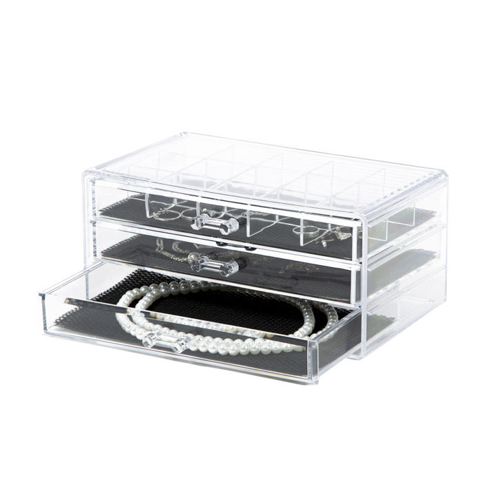 Coffret range-bijoux 3 tiroirs transparent grand modèle 6 Compactor
