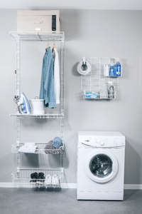 Kit de rangements muraux buanderie blancs sur crémaillères "Walltech"